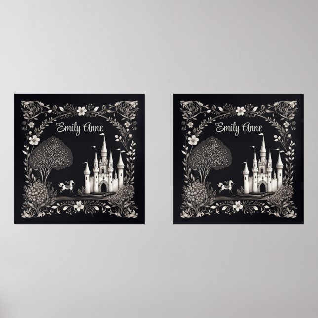 Black and White Fairytale Castle with Horse Wall Art Sets (Front)