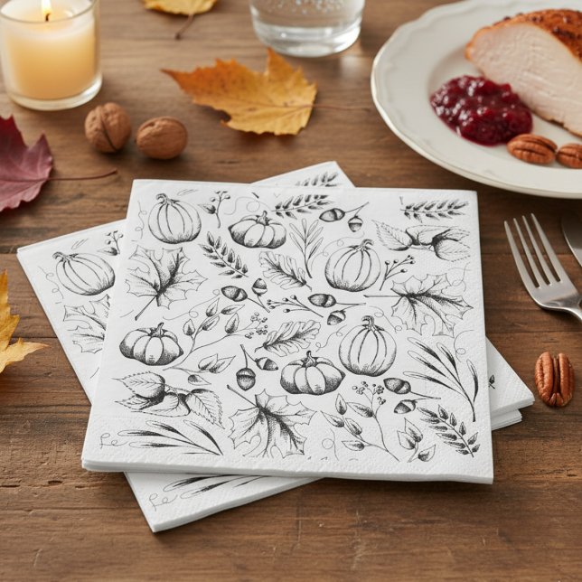 Black and White Fall Pattern Thanksgiving Party Napkins (Elegant Fall Napkins Rustic Fall Harvest Pattern. Modern Black & White Pumpkin Autumn Leaves Berries)