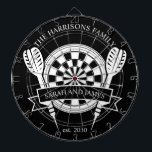 Black and White Family Custom Name Wedding Dart Board<br><div class="desc">Celebrate your special day with the Black and White Family Custom Name Wedding Dart Board. Featuring a timeless monochrome design, this dartboard can be personalized with the couple's last name, making it a unique keepsake or playful wedding gift. Perfect for adding charm to your home or for entertaining guests, this...</div>