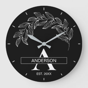 Black and White Family Name Monogrammed Large Clock