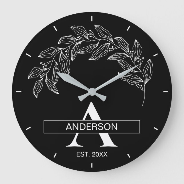 Black and White Family Name Monogrammed Large Clock (Front)