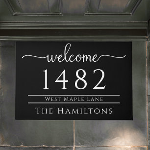 Black and white family name personalized address doormat