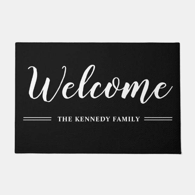 Black And White Family Name Welcome Doormat (Front)