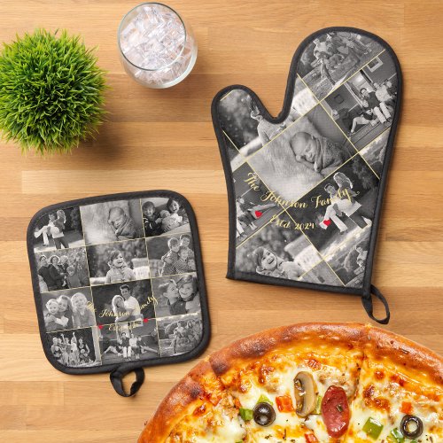 Black and White Family Photo Collage Gold Monogram Oven Mitt  Pot Holder Set