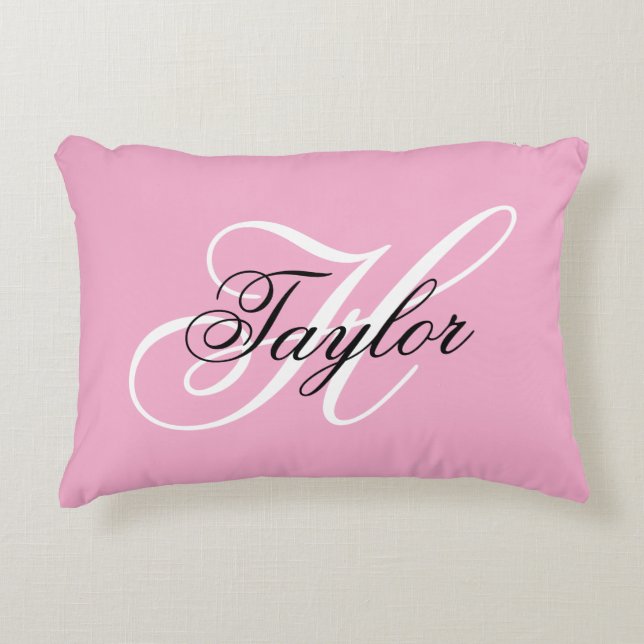Black and White Fancy Monogram Pink Accent Pillow (Front)