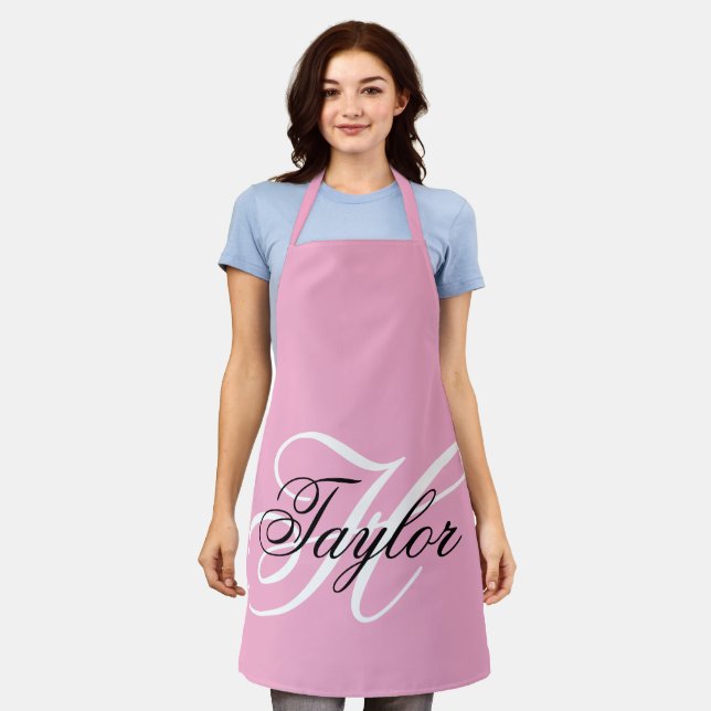 Black and White Fancy Monogram Pink Apron (Worn)