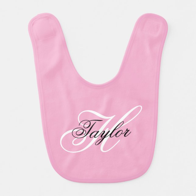 Black and White Fancy Monogram Pink Baby Bib (Front)
