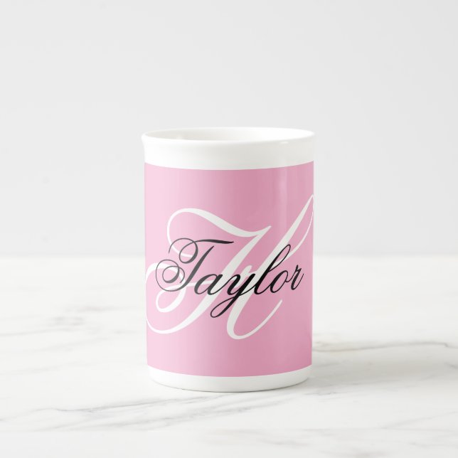 Black and White Fancy Monogram Pink Bone China Mug (Front)