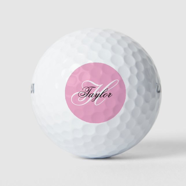 Black and White Fancy Monogram Pink Golf Balls (Front)
