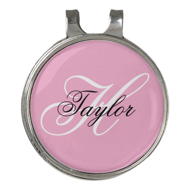 Black and White Fancy Monogram Pink Golf Hat Clip (Front)