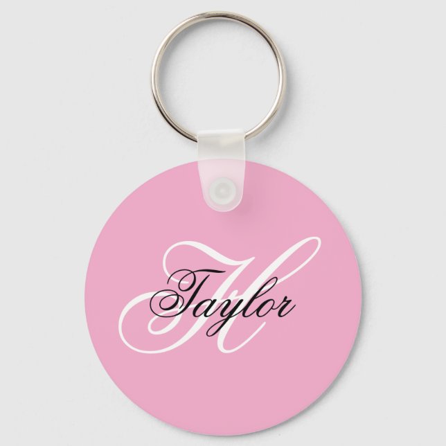 Black and White Fancy Monogram Pink Keychain (Front)