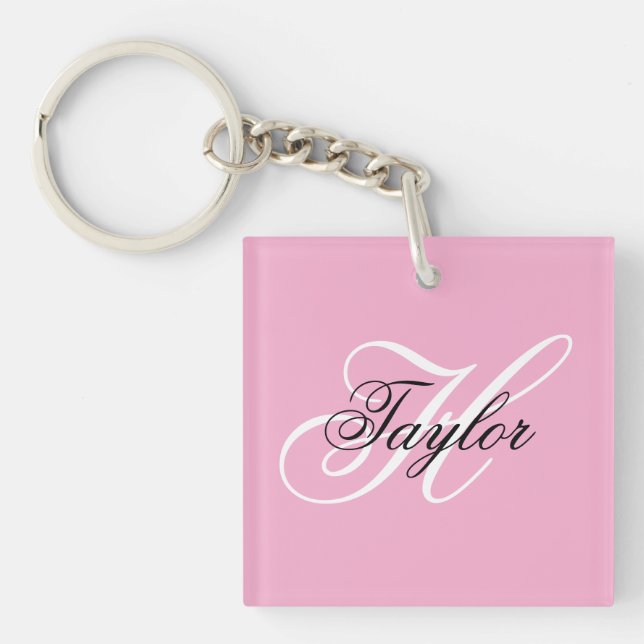 Black and White Fancy Monogram Pink Keychain (Front)