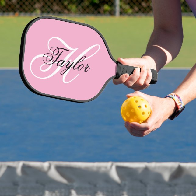 Black and White Fancy Monogram Pink Pickleball Paddle (Insitu)