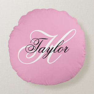 Black and White Fancy Monogram Pink Round Pillow