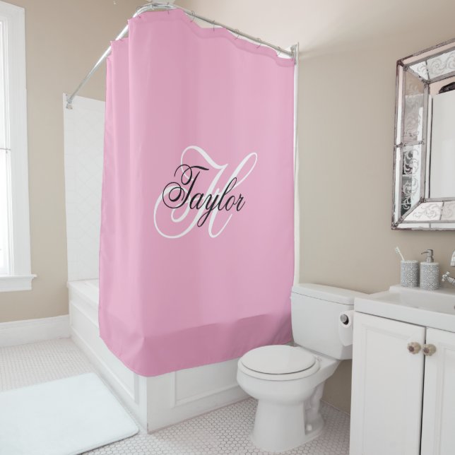 Black and White Fancy Monogram Pink Shower Curtain (In Situ)