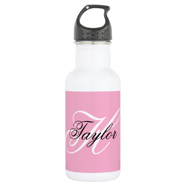 Black and White Fancy Monogram Pink Stainless Steel Water Bottle (Front)