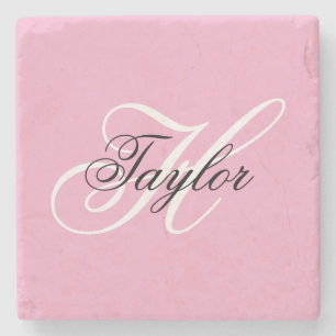 Black and White Fancy Monogram Pink Stone Coaster