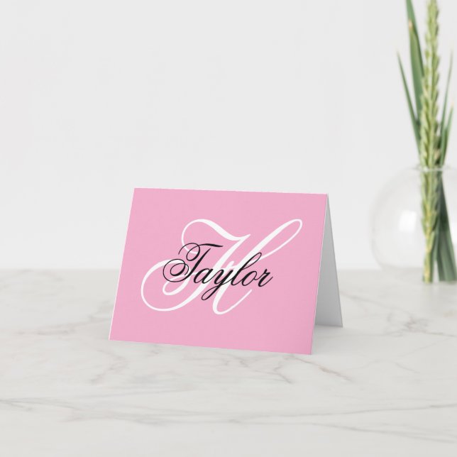 Black and White Fancy Monogram Pink Thank You Card (Front)