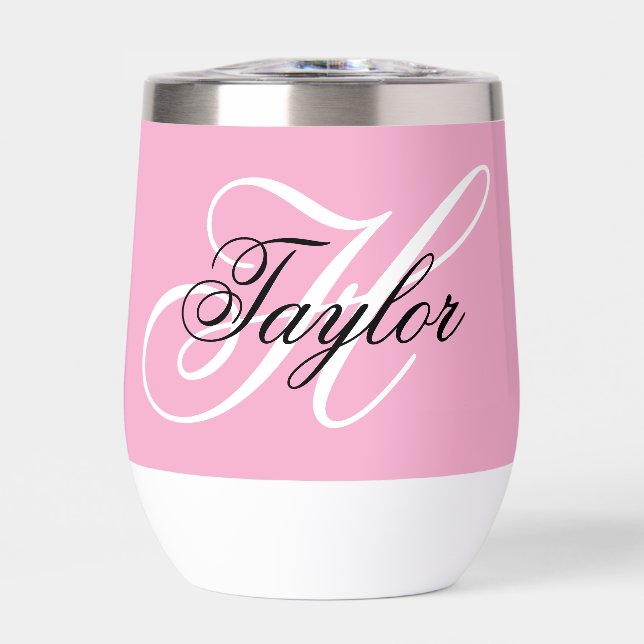 Black and White Fancy Monogram Pink Thermal Wine Tumbler (Front)
