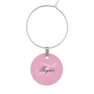 Black and White Fancy Monogram Pink Wine Charm