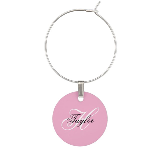 Black and White Fancy Monogram Pink Wine Charm (Front)