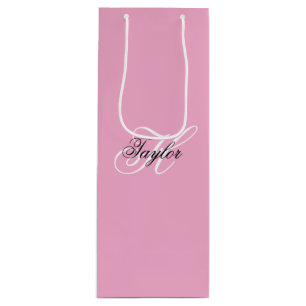 Black and White Fancy Monogram Pink Wine Gift Bag