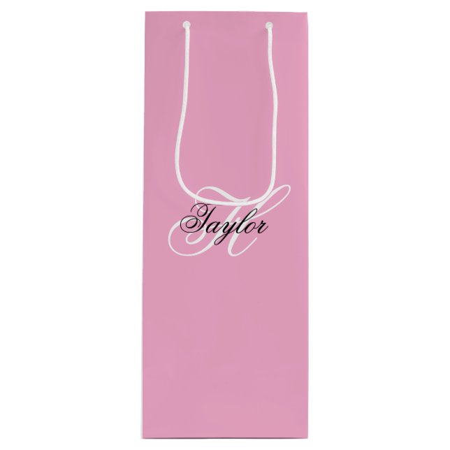 Black and White Fancy Monogram Pink Wine Gift Bag (Front)