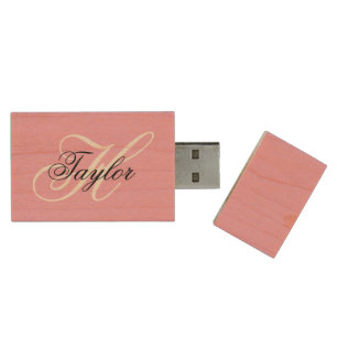 Black and White Fancy Monogram Pink Wood Flash Drive