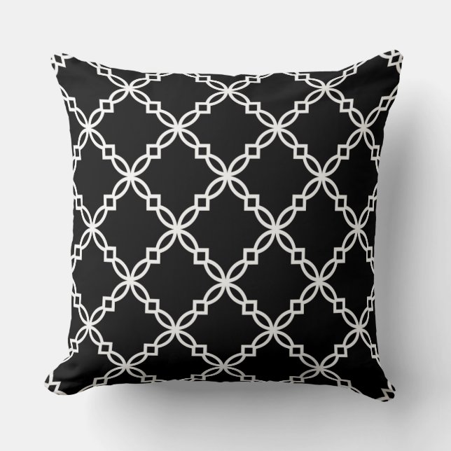 Black and White Fancy Quatrefoil Pattern Throw Pillow (Front)