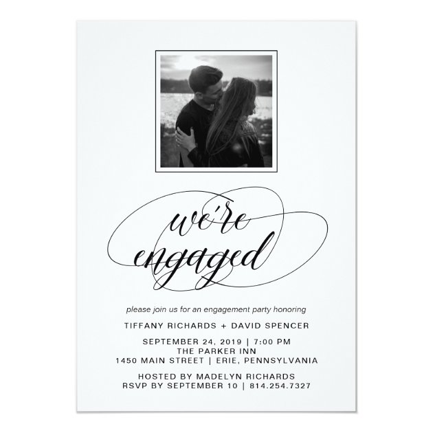 Black And White Fancy Script Engagement Party Invitation