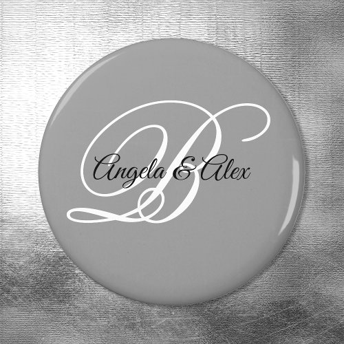 Black and White Fancy Script Monogram Gray Magnet