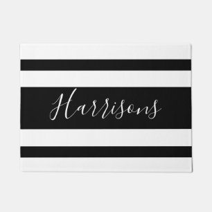 Black and White Fancy Stripes Family Welcome Doormat
