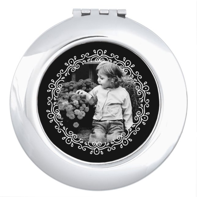 Black and White Fancy Swirls Frame Custom Photo Vanity Mirror (Front)