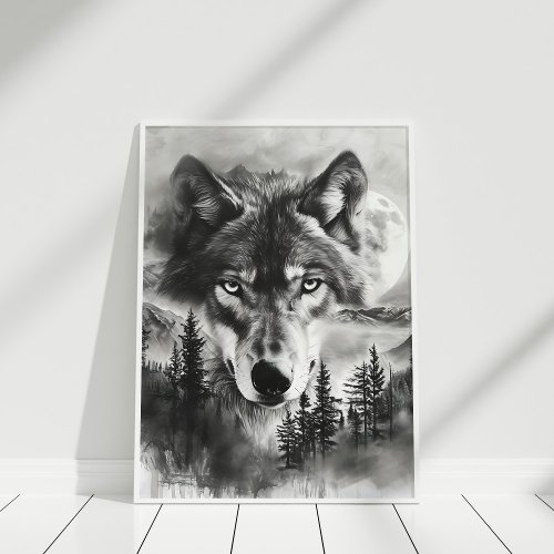 Black and White Fantasy Wolf Mountain Moon Poster