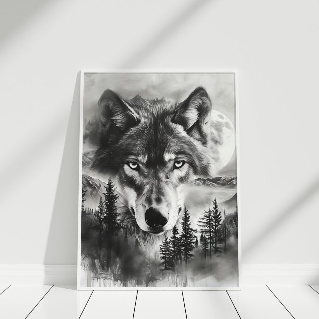 Black and White Fantasy Wolf Mountain Moon Poster (Black and White Fantasy Wolf Mountain Moon Poster in white frame on white wooden floor.)