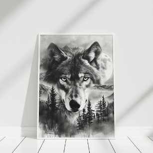 Black and White Fantasy Wolf Mountain Moon Poster