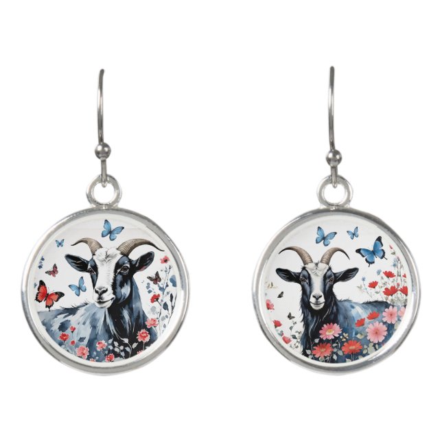 Black and White Farm Goats with Butterflies Earrings (Front)