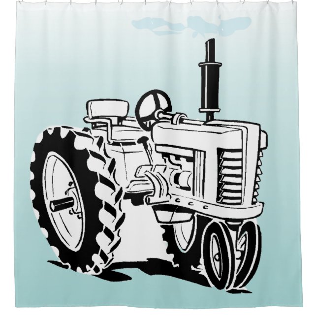 Black and White Farm Tractor On Blue Shower Curtain (Front)