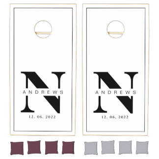 Black and white Farmhouse Family Monogram Name Cor Cornhole Set