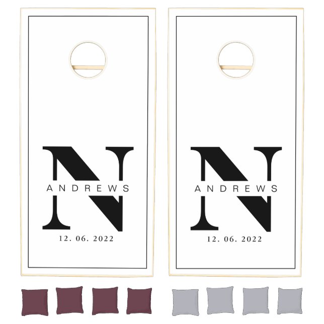 Black and white Farmhouse Family Monogram Name Cor Cornhole Set (Set)