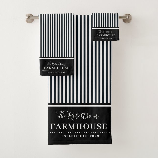 Black and White Farmhouse Striped Custom Bath Towe Bath Towel Set (Insitu)