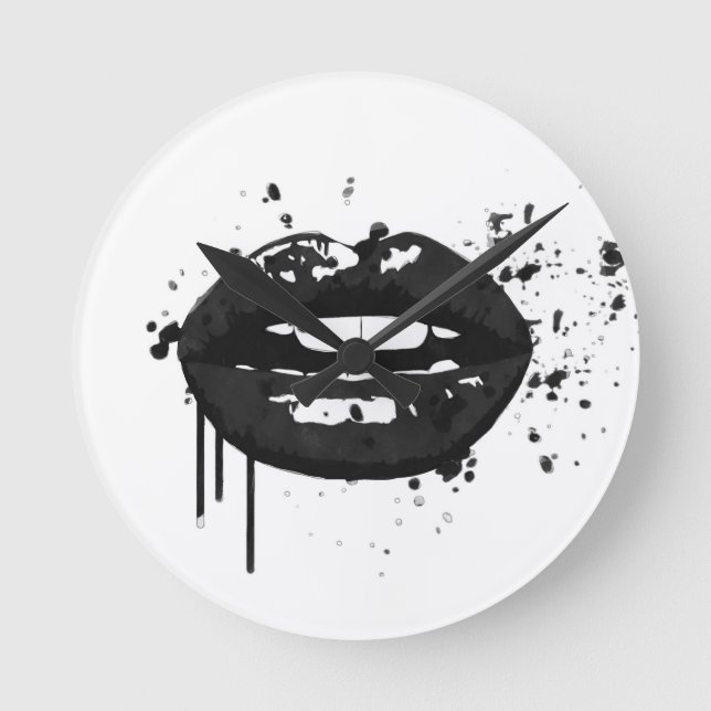 Black and white fashion glamor lips illustration round clock (Front)