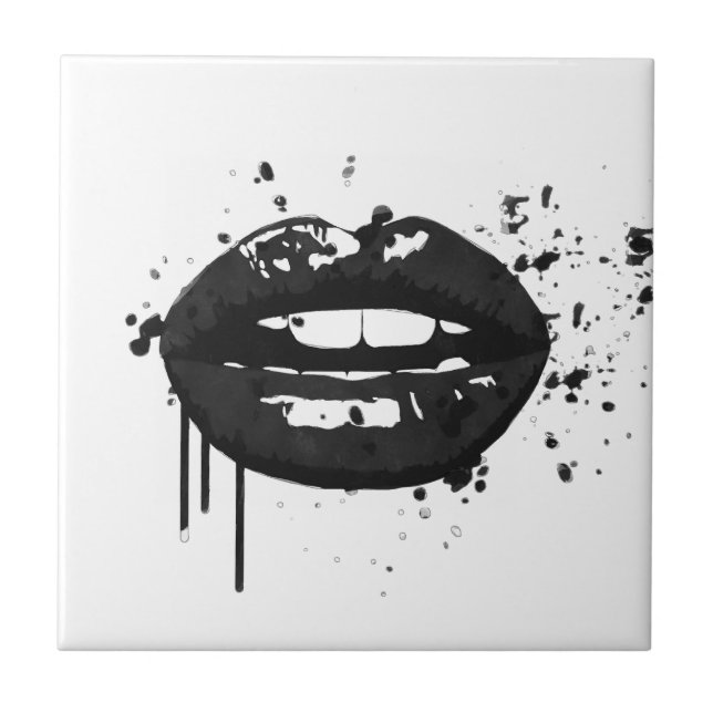 Black and white fashion glamour lips illustration ceramic tile (Front)