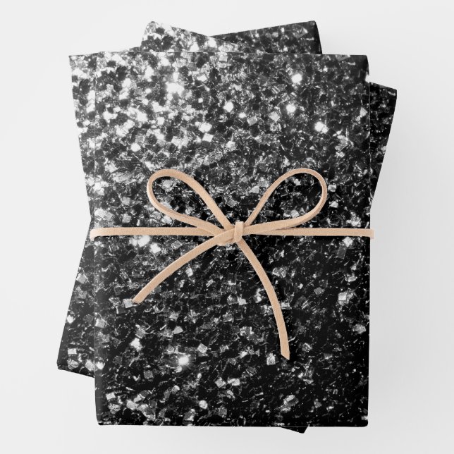 Black and White faux glitter sparkles Wrapping Paper Sheets (In situ)