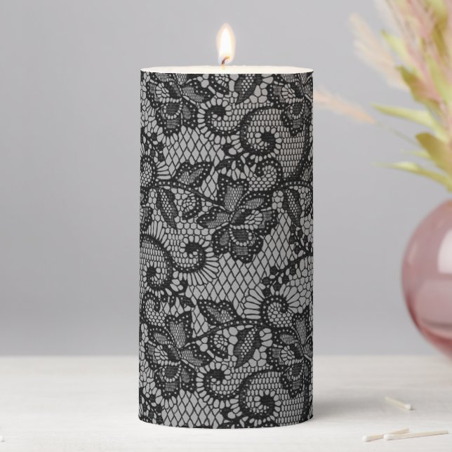 Black And White Faux Lace Pillar Candle (In Situ)