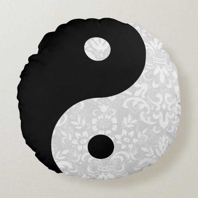 Black and White Faux Lace Yin Yang Round Pillow (Front)