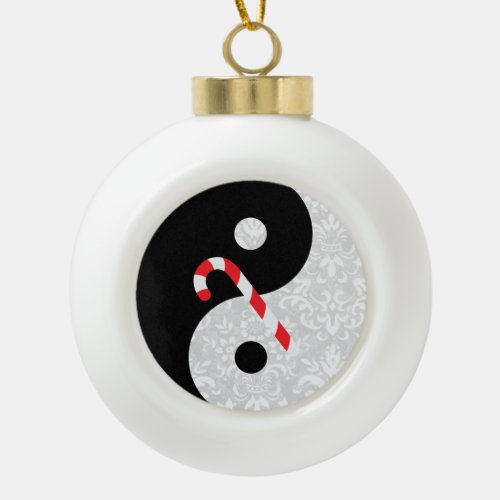 Black and White Faux Lace Yin Yang with Candy Cane Ceramic Ball Christmas Ornament