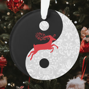 Black and White Faux Lace Yin Yang with Red Deer Ornament