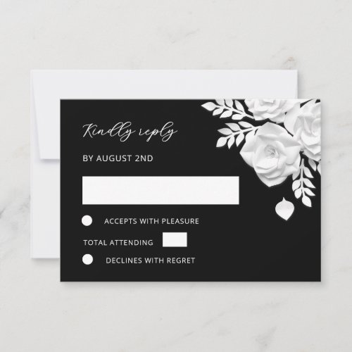 Black And White Faux Paper Cut Roses Wedding RSVP Card