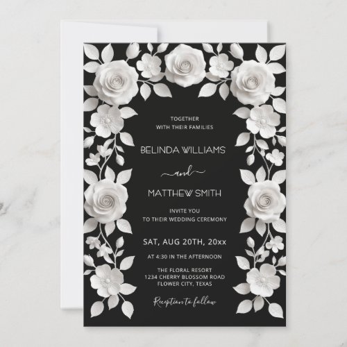 Black And White Faux Relief Roses Frame Wedding  Invitation